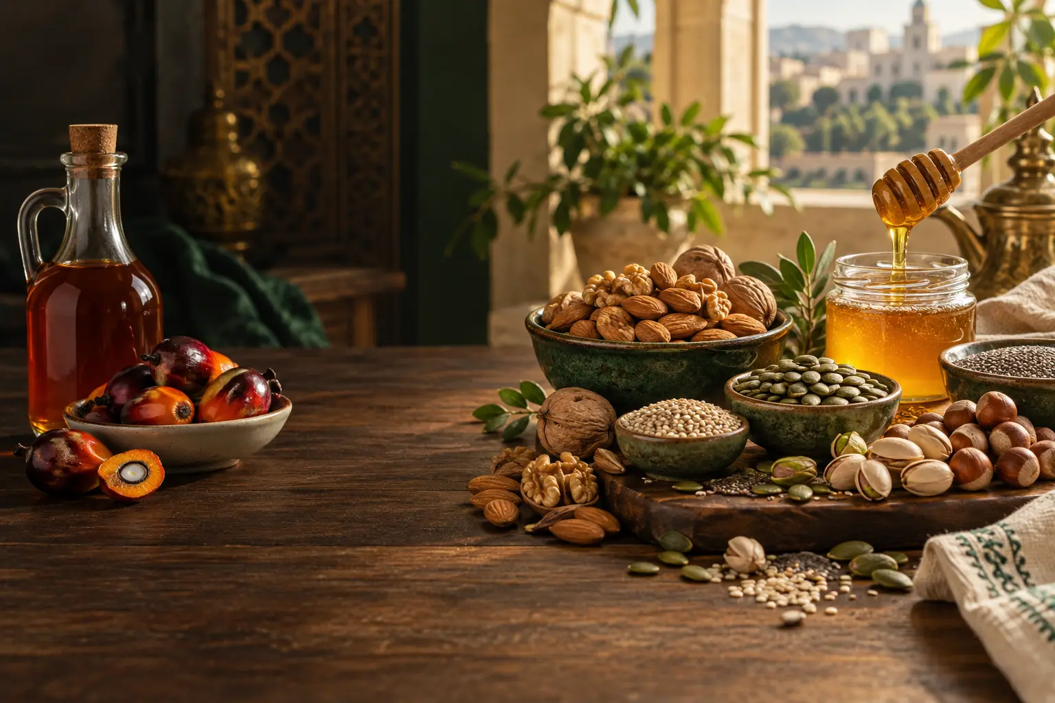 Fruits à coque, graines et miel séparés visuellement de l’huile de palme