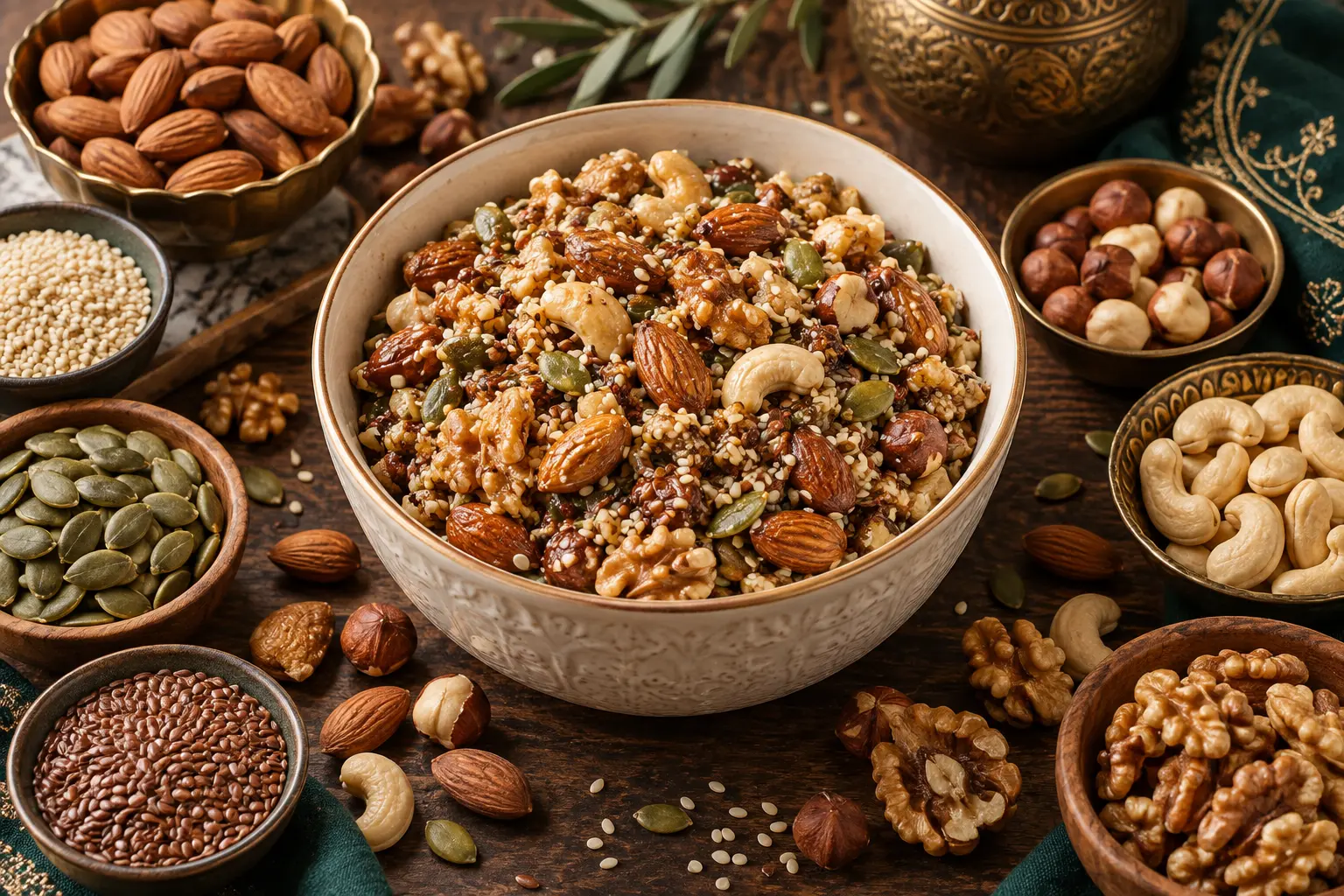 Amandes, noisettes, noix, noix de cajou, sésame, courge et lin