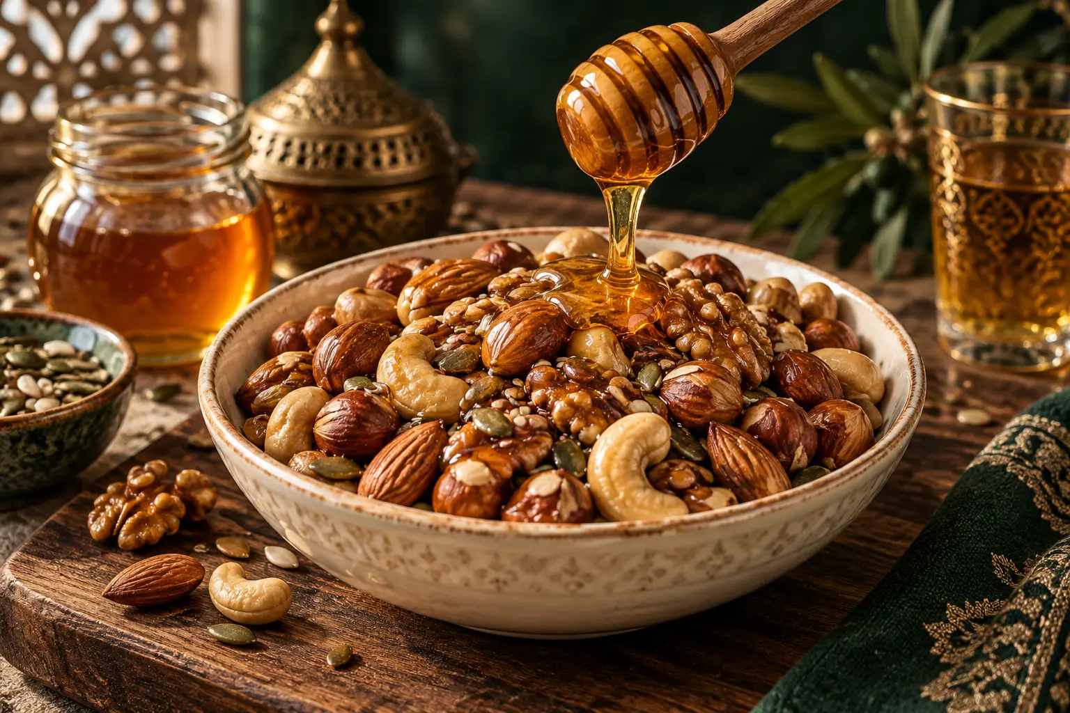 Miel naturel versé sur un mélange de fruits à coque et de graines